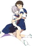 2boys black_hair crossdressing duo embarrassed hosaka_dx kaworu_nagisa kneeling male male_only neon_genesis_evangelion school_uniform shinji_ikari simple_background smirk surprised thigh_grab trap white_background white_hair yaoi you_gonna_get_raped