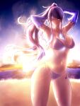 1girl alluring beach bikini blue_eyes breasts brighid_(xenoblade) collarbone fire gloves hakusai_(hksicabb) high_res long_hair looking_at_viewer navel nintendo simple_background smile sun sunset swimsuit xenoblade_(series) xenoblade_chronicles_(series) xenoblade_chronicles_2