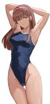  1girl alluring arms_behind_head blue_eyes blue_one-piece_swimsuit blunt_bangs breasts brown_hair competition_school_swimsuit dead_or_alive dead_or_alive_2 dead_or_alive_3 dead_or_alive_4 dead_or_alive_5 dead_or_alive_6 dead_or_alive_xtreme dead_or_alive_xtreme_2 dead_or_alive_xtreme_3_fortune dead_or_alive_xtreme_beach_volleyball dead_or_alive_xtreme_venus_vacation hairband high_res hitomi hitomi_(doa) l_fold long_hair looking_at_viewer medium_breasts one-piece_swimsuit pink_hairband popo_agaga school_swimsuit simple_background smile swimsuit tecmo thigh_gap white_background 