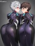  2boys androgynous ass ass_focus black_hair duo g1_(artist) grey_background kaworu_nagisa looking_at_viewer looking_back looking_back_at_viewer male male_only neon_genesis_evangelion plugsuit shinji_ikari simple_background trap white_hair yaoi 