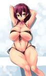 1girl armpits arms_up bikini bow breasts bursting_breasts choker curvy female front-tie_top highres hips huge_breasts kinoshita_matsuri micro_bikini mole navel nekomamire original purple_hair sitting smile solo swimsuit thick_thighs thighs wide_hips yellow_eyes