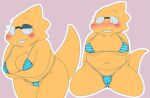 1girl 2020s 2022 2d adorable alphys alternate_costume anthro anthro_only arms_under_breasts aruput aruput_ut barely_visible_genitalia belly bikini bikini_bottom bikini_top blush breasts buckteeth chubby chubby_anthro chubby_belly chubby_female cute digital_media_(artwork) dinosaur dinosaur_girl embarrassed female_anthro female_only glasses green_bikini green_bikini_bottom green_bikini_top hands_under_breasts lizard lizard_girl lizard_tail looking_down monster monster_girl multiple_views navel non-mammal_breasts non-mammal_navel orange_background pink_background pussy pussy_peek reptile reptile_girl reptile_tail scalie scalie_female simple_background solid_color_background solo_anthro solo_female spread_legs striped_bikini sweat sweatdrop swimsuit tail teeth thong thong_bikini undertale undertale_(series) yellow_body yellow_skin