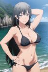  1girl alluring beach big_breasts bikini black_hair blue_sky grey_eyes long_hair ocean posing shizuka_hiratsuka takanentr teacher yahari_ore_no_seishun_lovecome_wa_machigatteiru. 