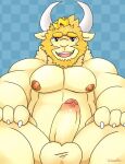 1boy 2d 2d_(artwork) anthro anthro_only asgore_dreemurr balls bara beard big_penis blonde blonde_hair blue_background boss_monster caprine checkered_background crown dad_bod digital_media_(artwork) dilf erection facial_hair furry furry_male furry_only genitals goat goat_boy goat_ears goat_horns hair hairy horns humanoid_genitalia humanoid_penis king male male_anthro male_nipples male_only mammal monster monster_boy muscle nipples overweight overweight_male penis schwarzfox solo_anthro solo_male testicles undertale undertale_(series) video_game_character video_game_franchise video_games white_fur