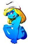 1girl anus artist_request ass black_background blonde_hair blue_skin breasts completely_nude hanna-barbera hat nipples nude purple_eyes simple_background smile smurfette the_smurfs transparent_background yellow_hair