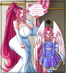  angel angel_wings angry annoyed closed_eyes feathers gigantic_ass gigantic_breasts glasses hourglass_figure laughing master_erasis pink_eyes pink_hair ponytail single_braid very_long_hair wings 