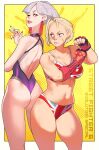 2_girls a.k.i._(street_fighter) ass back-to-back bare_legs bikini blonde_hair border breasts cammy_white cleavage commentary copyright_name earrings english_commentary facial_scar fingerless_gloves fingernails gloves grey_hair high_res jewelry long_fingernails looking_at_another looking_back medium_breasts mole mole_under_mouth multiple_girls navel norasuko official_art one-piece_swimsuit outside_border purple_nails red_lips scale_print scar scar_on_cheek scar_on_face second-party_source short_hair single_vambrace smile standing stomach street_fighter street_fighter_6 swimsuit tassel tassel_earrings thighs udon_entertainment union_jack_bikini union_jack_print vambraces white_border yellow_background