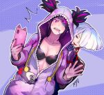  2_girls a.k.i._(street_fighter) black_bra bra breasts candy capcom cellphone cleavage cosplay food han_juri heterochromia high_res kigurumi kujou_non lollipop medium_breasts multicolored_hair multiple_girls official_alternate_costume official_alternate_hairstyle phone smartphone streaked_hair street_fighter street_fighter_6 sweat twin_tails underwear undressing_another unzipping white_hair yuri zipper_pull_tab 