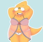 1girl 2020s 2022 2d adorable alphys alternate_costume anthro anthro_only aruput aruput_ut belly big_breasts blue_background blush bow_panties breasts buckteeth chubby chubby_anthro chubby_belly chubby_female cute digital_media_(artwork) dinosaur dinosaur_girl embarrassed female_anthro female_only glasses green_background hands_behind_head lingerie lizard lizard_girl lizard_tail monster monster_girl navel nightgown non-mammal_breasts non-mammal_navel open_mouth panties pink_nightgown reptile reptile_girl reptile_tail scalie scalie_female showing simple_background solid_color_background solo_anthro solo_female tail teeth undertale undertale_(series) white_panties yellow_body yellow_skin