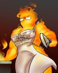 1boy 2020 2020s 2d apron bara big_pecs dark_background digital_media_(artwork) elemental_creature elemental_humanoid english_text fire_elemental glasses grillby humanoid male male_only melle-d mellednsfw monster monster_boy muscular muscular_male naked_apron orange_body pecs simple_background solo_male spatula text text_on_apron undertale undertale_(series)