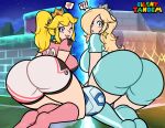 2girls ?! alternate_costume ass ass_focus big_ass big_breasts blonde_female blonde_hair blue_eyes blush breasts brown_hair bubble_ass bubble_butt clothed clothing dat_ass duo fat_ass female_only football football_player football_uniform fully_clothed large_ass long_hair looking_at_viewer looking_back mario_(series) mario_strikers nintendo princess_peach princess_rosalina rosalina seductive sexy sexy_ass sexy_body sexy_breasts sexy_pose shorts silenttandem smile soccer soccer_ball socks sports_uniform sportswear thick_thighs voluptuous wide_hips