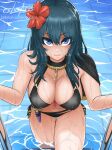  1girl alluring big_breasts bikini black_bikini blue_eyes breasts byleth_(female) byleth_(fire_emblem) byleth_(fire_emblem)_(female) byleth_(summer)_(fire_emblem)_(female) cleavage closed_mouth cslucaris dagger fire_emblem fire_emblem:_three_houses fire_emblem_heroes flower hair_flower hair_ornament knife nintendo official_alternate_costume pool sheath sheathed swimming_pool swimsuit teal_hair watermark weapon web_address wet 