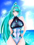  1girl 1girl absurd_res alluring aqua_eyes aqua_hair bare_hips beach big_breasts breasts commentary_request competition_swimsuit earrings gem hair_ornament hakusai_(hksicabb) headpiece high_res highleg highleg_swimsuit hip_bones hip_focus huge_filesize jewelry long_hair looking_at_viewer neon_trim nintendo ocean one-piece_swimsuit pneuma_(xenoblade) ponytail smile spoilers swept_bangs swimsuit tiara very_long_hair xenoblade_(series) xenoblade_chronicles_(series) xenoblade_chronicles_2 