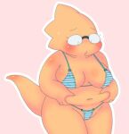 1girl 2020s 2022 adorable alphys alternate_costume anthro anthro_only aruput aruput_ut barely_visible_genitalia belly belly_grab big_belly big_breasts bikini bikini_bottom bikini_top blush breasts buckteeth cameltoe chubby chubby_anthro chubby_belly chubby_female cowboy_shot cute dinosaur dinosaur_girl embarrassed female_anthro female_only glasses glistening glistening_body grabbing_belly grabbing_own_belly green_bikini green_bikini_bottom green_bikini_top lizard lizard_girl lizard_tail looking_at_self looking_down monster monster_girl navel non-mammal_breasts non-mammal_navel outline pink_background pussy reptile reptile_girl reptile_tail scalie scalie_female shiny_skin simple_background solid_color_background solo_anthro solo_female striped_bikini swimsuit tail teeth undertale undertale_(series) white_outline yellow_body yellow_skin