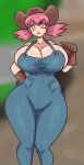  1girl big_breasts clothing cowboy_hat cowgirl full_comfort96 hourglass_figure looking_at_viewer nintendo overalls pokemon red_hair standing whitney whitney_(pokemon) 