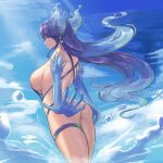 1girl absurd_res alluring ass big_breasts bikini blue_bikini blue_eyes blue_gloves blue_hair blue_sky breasts brighid_(xenoblade) bubble calmgreentori closed_eyes cloud commentary_request elbow_gloves fiery_hair from_side gloves gradient_hair high_res long_hair multicolored_hair nintendo outside sky smile swimsuit thigh_strap wading xenoblade_(series) xenoblade_chronicles_(series) xenoblade_chronicles_2