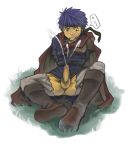 arms_behind_back ass blue_eyes blue_hair boots cape cum ebitendon ejaculation erection fire_emblem handsfree_ejaculation ike male male_focus nintendo penis sitting solo spread_legs testicles torakichi torakichi_(ebitendon) torn_clothes yaoi