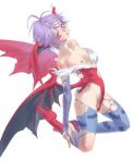  1girl bat_print bat_wings blue_legwear blue_pantyhose blush boots capcom darkstalkers demon_girl elbow_gloves female female_only flat_chested gloves head_wings headwings jpeg_artifacts kiyo_(nbs199) kujou_kiyo lilith_aensland nipples number pantyhose pink_eyes print_legwear print_pantyhose purple_hair short_hair small_breasts solo solo_female succubus vampire_(game) wings 