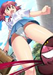 >:o 1boy 1girl :o angry bag bangs bikini blood breasts briefcase brown_eyes building clenched_hand cloud dutch_angle from_below giroro hat hinata_natsumi keroro_gunso keroro_gunsou lace lace-trimmed_panties lace_panties looking_afar miniskirt motion_lines natsumi_hinata neck_ribbon no_pupils nosebleed orange_eyes outdoors panties pantyshot pink_hair pleated_skirt red_hair ribbon satchel school_bag school_uniform serafuku sgt._frog shirt short_hair short_sleeves short_twintails skirt sky solo speed_lines standing swimsuit tiles twintails underwear upskirt white_panties zouzou