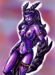  1girl breasts chain chaos_(warhammer) claws daemon daemonette demon demon_girl horns jewelry lips loincloth long_hair navel nipples piercing smirk solo topless warhammer warhammer_(franchise) warhammer_40k 