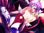  1girl akai_migiwa aoi_nagisa_(artist) bat_print blush capcom censored darkstalkers demon_girl flat_chest from_behind head_wings headwings lilith_aensland nipple_tweak nipples pantyhose print_legwear print_pantyhose purple_hair purple_legwear purple_pantyhose sex short_hair solo_focus succubus sweat torn_clothes torn_pantyhose vaginal vampire_(game) wings 