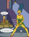 ahegao bart_simpson basement blue_hair boxes breasts cleavage hair marge_simpson masturbation pearls the_fear the_simpsons voyeur yellow_skin