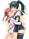  2_girls 2girls :o aqua_eyes art ass black_legwear blush brown_eyes female forehead_kiss friends green_hair hair_bobbles hair_ornament hair_ribbon highres hug isshiki_momo kiss long_hair michairu multiple_girls open_mouth pink_hair ponytail profile revision ribbon saegusa_wakaba school_uniform serafuku short_shorts shorts thighhighs twintails vividred_operation yuri 