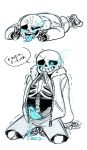  1boy 2d 2d_(artwork) animated_skeleton biting_clothes biting_shirt blue_eye blue_penis blue_tongue bodily_fluids bottom_sans clothed cum_on_face cussing digital_media_(artwork) double_v english_text fully_clothed glowing_eye hooded_jacket hoodie jacket kneel looking_down male male_only penis penis_out profanity sans sans_(undertale) shirt_up skeleton solo solo_male spoopy-latte swearing text tongue tongue_out uke_sans undead undertale undertale_(series) v v_sign video_games 