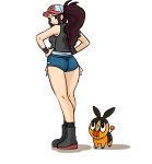 1girl baseball_cap blue_eyes boongar boots breasts brown_hair creatures_(company) female female_protagonist_(pokemon_bw2) game_freak hat hilda_(pokemon) humans_of_pokemon jean_shorts light-skinned_female nintendo pokemon pokemon_(anime) pokemon_(game) pokemon_black_2_&_white_2 pokemon_black_and_white pokemon_bw pokemon_bw2 ponytail tepig touko_(pokemon) white_(pokemon) wristband