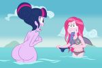  1girl 2_girls ass assisted_exposure backside big_ass big_ass big_breasts bikini bikini_bottom bikini_top blush breasts bubble_butt embarrassed_nude_female enf equestria_girls friendship_is_magic hasbro my_little_pony nude nude_female pink_hair pink_skin pinkie_pie_(eg) pinkie_pie_(mlp) purple_hair purple_skin sci-twi scobionicle99 shark_suit thick_ass twilight_sparkle_(mlp) 