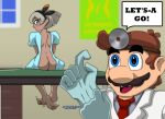 1boy 1girl absurd_res ass bea_(pokemon) blush butt_crack dialogue doctor dr._mario dr._mario_(series) embarrassed embarrassed_nude_female enf examination feet gloves grey_hair hospital_gown mario mario_(series) pokemon saitou_(pokemon) silver_eyes soles superslogger table toes weird_crossover wide_eyed