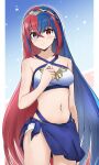 1girl 1girl alear_(female)_(fire_emblem) alear_(fire_emblem) alluring alternate_costume bare_arms bare_shoulders bikini blue_eyes blue_hair breasts commentary_request cowboy_shot criss-cross_halter fire_emblem fire_emblem_engage halterneck heterochromia high_res komurice medium_breasts multicolored_hair navel nintendo red_eyes red_hair sarong standing stomach streaked_hair swimsuit thighs tiara white_bikini