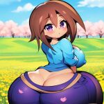 ai_generated ass ass_cleavage big_ass big_breasts blue_eyes breasts brown_hair butt_crack clothed clothing dr.bug generated_by_mathie giygal grass_block huge_ass looking_at_viewer looking_back minecraft stella_(sissteve)