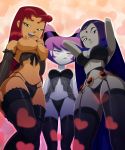 3_girls 3girls big_breasts bra breasts cape dc dc_comics dcau edit female female_only forehead_jewel garter_belt grey_skin jinx koriand'r lingerie looking_at_viewer looking_down_at_viewer mostly_nude orange_skin panties rachel_roth raven_(dc) ravenravenraven standing starfire stockings teen_titans topless