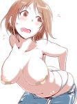 1girl areola_slip areolae bandaid bandaids_on_nipples bent_over blush breasts brown_eyes brown_hair clearite denim female flying_sweatdrops idolmaster idolmaster_cinderella_girls jeans mimura_kanako open_mouth panties pants pasties plump short_hair simple_background solo topless underwear undressing white_background white_panties