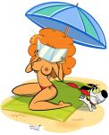  1girl beach big_breasts bikini bikini_bottom bikini_top bikini_top_removed canine cartoon_network covering_face dog embarrassed_nude_female embarrassing enf exposed_breasts female_focus human long_hair male mature_female orange_hair powerpuff_girls sara_bellum topless umayorokobi 