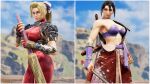  2_girls alluring ass athletic_female big_breasts black_hair blonde_hair blue_eyes bodysuit brown_eyes cosplay costume_switch female_abs fit_female kunoichi ninja project_soul samurai setsuka soul_calibur soul_calibur_ii soul_calibur_iii soul_calibur_vi taki 