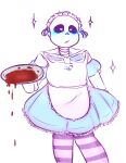  1boy 2010s 2016 alternate_clothing alternate_costume animated_skeleton blue_blush blush bottom_sans clothed crossdressing heart-shaped_pupils heart_eyes holding_object maid_outfit maid_uniform male male_only platter sans sans_(undertale) skeleton solo solo_male spill spilling stockings striped_legwear striped_stockings striped_thighhighs suckmytrombone tray uke_sans undead undertale undertale_(series) 