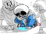 2022 2d animated_skeleton blue_hoodie blue_jacket bodily_fluids brothers clothed covering_mouth covering_own_mouth crying digital_media_(artwork) fully_clothed hooded_jacket hoodie jacket japanese_text kneel logo_(pixiv_id_30462562) monochrome monster monster_boy papyrus papyrus_(undertale) partially_colored puking sans sans_(undertale) siblings simple_background skeleton solo_focus sweat tears text undead undertale undertale_(series) vomit white_background worried