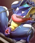 1girl bdsm bondage bound censored female frog greninja highres kicktyan kikunyi legs_held_open long_tongue nintendo no_humans pokemon pokemon_(game) pokemon_xy pussy solo spread_legs tongue uncensored urethra webbed_hands