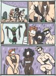  1boy 3_girls amazon ass blush bottomless coliseum comic covering covering_crotch freckles human lizard lizard_folk lizardman loincloth male/female muscle muscular_female public_nudity reptile samrockwell420 tall_female warrior weapon 