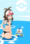  1girl artist_request ass baseball_cap bikini blue_eyes breasts brown_hair cap female female_protagonist_(pokemon_bw2) game_freak hands_on_hips hat hilda_(pokemon) humans_of_pokemon looking_back nintendo oshawott piplup pokemon pokemon_(anime) pokemon_(game) pokemon_black_2_&amp;_white_2 pokemon_black_and_white pokemon_bw pokemon_bw2 solo swimsuit touko_(pokemon) white_(pokemon) 