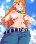 arsonsquid day erect_nipples exhibitionism female_only lifted_by_self long_hair looking_at_partner looking_down nami_(one_piece) no_bra one_piece orange_hair outside presenting_breasts puffy_areolae smile sunglasses topless