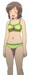 1girl 1girl 1girl 2015 bare_legs bikini blush brown_hair chestnut_mouth closed_eyes futsuu_no_joshikousei_ga_locodol_yattemita green_bikini green_swimsuit happy iguana_bikini looking_at_viewer open_mouth scan short_hair simple_background skindentation smile swimsuit usami_nanako