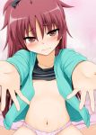 1girl ahegao blush brown_eyes flat_chest fucked_silly hijiri_tsukasa jacket mahou_shoujo_madoka_magica midriff navel no_pants open_clothes open_jacket outstretched_hand panties pov red_eyes red_hair sakura_kyouko shirt_lift sitting solo tears underwear