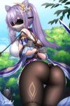 arms_tied ass_focus cameltoe covered_eyes covering_mouth day female forest large_breasts looking_back no_panties outside purple_hair tied tied_hands