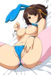 bandaids_on_nipples big_breasts bikini_pull brown_eyes brown_hair cameltoe embarrassed erect_nipples excited fake_animal_ears female_only hot large_breasts open_legs partially_visible_vulva pink_legwear pink_underwear spread_pussy_under_clothes suzumiya_haruhi suzumiya_haruhi_no_yuuutsu