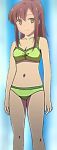  1girl 1girl 1girl 2015 aoyama_nanami bangs bare_legs bikini blunt_bangs brown_hair closed_mouth green_bikini green_swimsuit happy high_ponytail iguana_bikini long_hair looking_at_viewer ponytail sakura-sou_no_pet_na_kanojo scan simple_background skindentation smile swimsuit very_long_hair yellow_eyes 