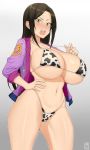 1girl angry big_breasts bikini black_hair blush breasts cow_print cow_print_bikini female female_only huge_breasts idolmaster idolmaster_cinderella_girls jacket long_hair looking_at_viewer massive_breasts mukai_takumi solo_female thick_thighs