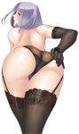  1girl ahegao ass black_gloves black_legwear black_panties breasts elbow_gloves from_behind fucked_silly garter_straps gloves koukaku_no_ai legwear lilith-soft looking_back milf panties purple_eyes sawamoto_miwako see-through short_hair silver_hair simple_background solo topless underwear zol 